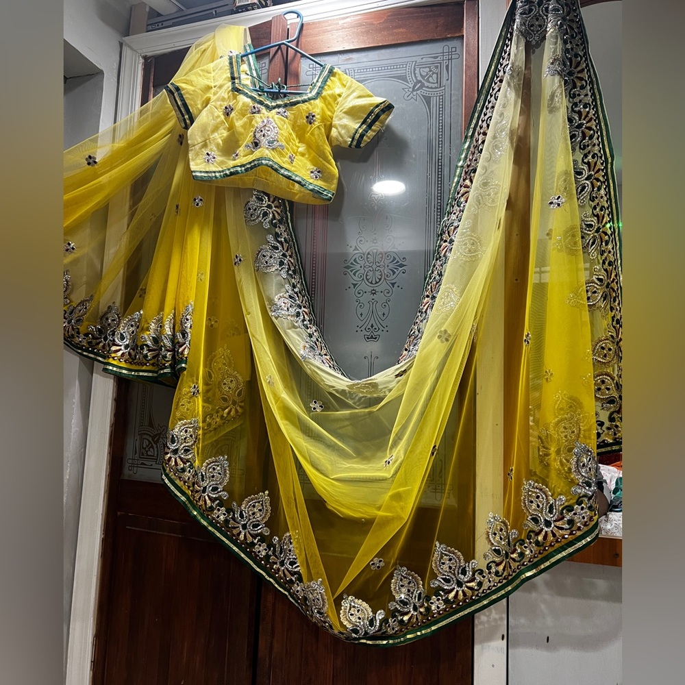 Ombré Yellow Soft Net Saree with sequin+embroidery work WITH BLOUSE gold+silver